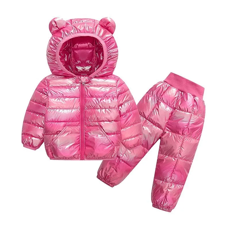 Toddler Bebek Kış Sonbahar giyim Seti parlak sim Ceketler + Pantolon Pamuk Aşağı Paddes Sıcak Dış Giyim Çocuklar Küçük Kız Erkek Takım Elbise