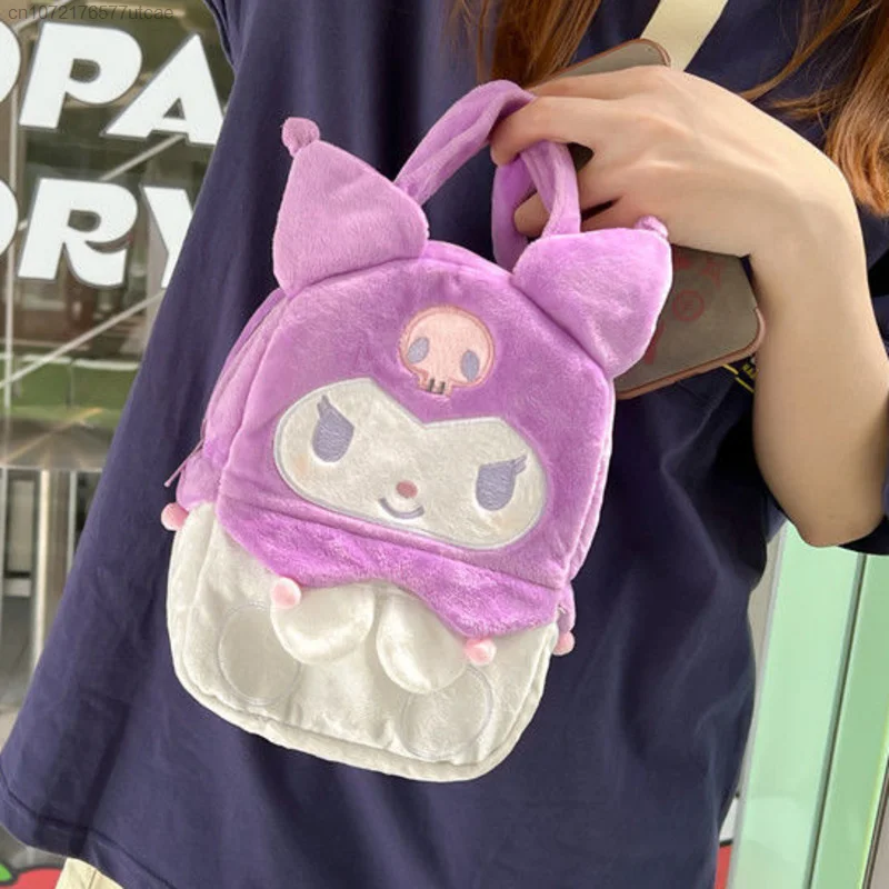 Sanrio Melodi Kulomi Kawaii Pembe kadın büyük el çantası Çanta Y2k Kürklü Karikatür Peluş Nakış Kozmetik Çantaları Büyük Kapasiteli moda çanta