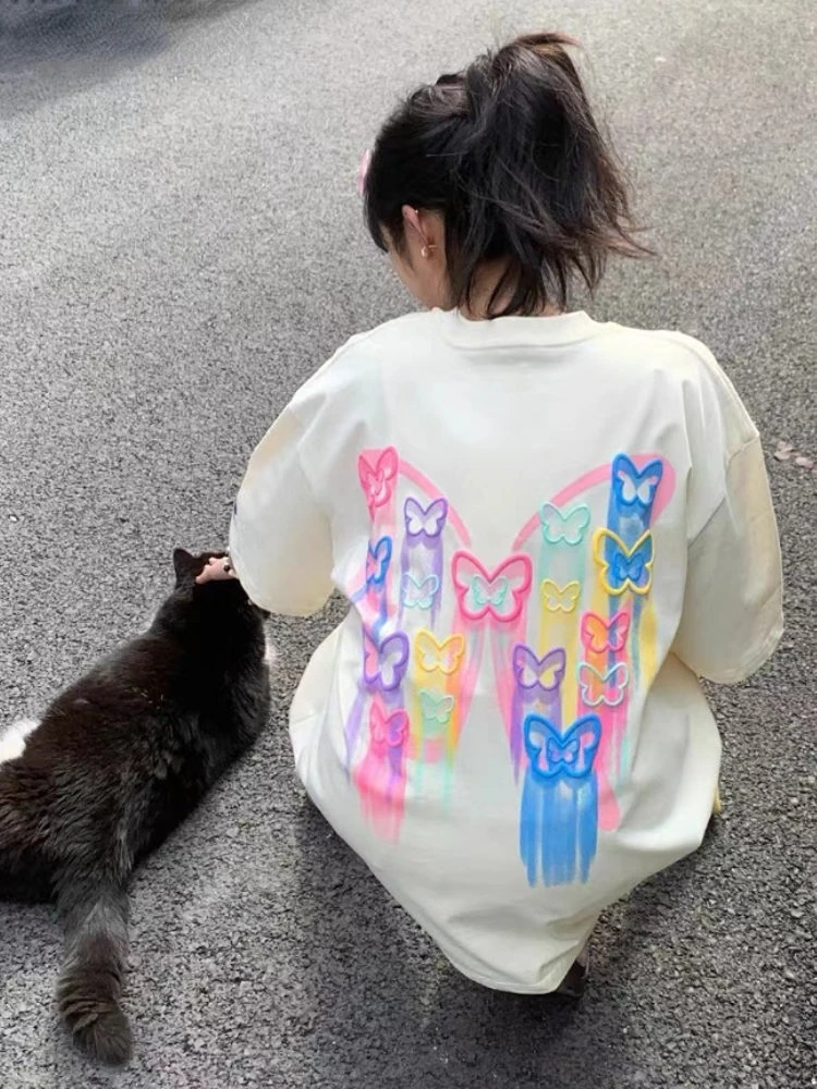 T-shirt Kadın Güzel Baskı Moda Kore Tarzı Basit Gevşek Tüm Maç Kız Öğrenciler Eğlence Rahat Günlük Yaz Yeni Tasarım