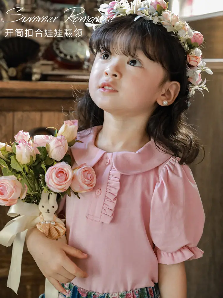 Kore Kızlar Sevimli Küçük Gömlek Yaz Yeni Bebek Kabarcık Kollu Basit Lapelchildren's Çocuklar Üst Çocuk Düz renk yaka Elbise