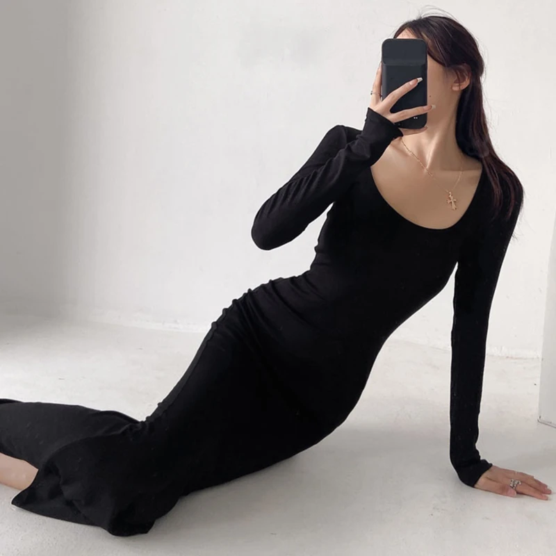 Seksi Katı Fishtail Elbise 2023 Kadın Moda İnce U Yaka Uzun Kollu İnce Vestidos Bahar Yeni Zarif Temel Kadın İnce Elbiseler