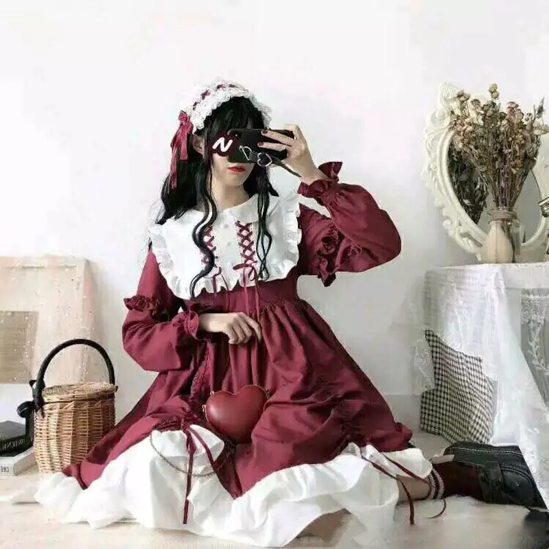 Japon Tatlı Lolita Elbise Yumuşak Kız Dantel Ruffles İlmek Yüksek Bel viktorya dönemi tarzı elbise Kadın Parti Kawaii Gotik Lolita Op Elbise