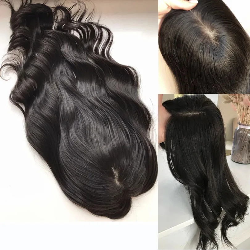 Dalgalı 15X16CM En İyi işlenmemiş insan saçı Topper Kadınlar için 2mc Pu Etrafında Çin peruk 5 Klipler Saç Topper İnce Postiş