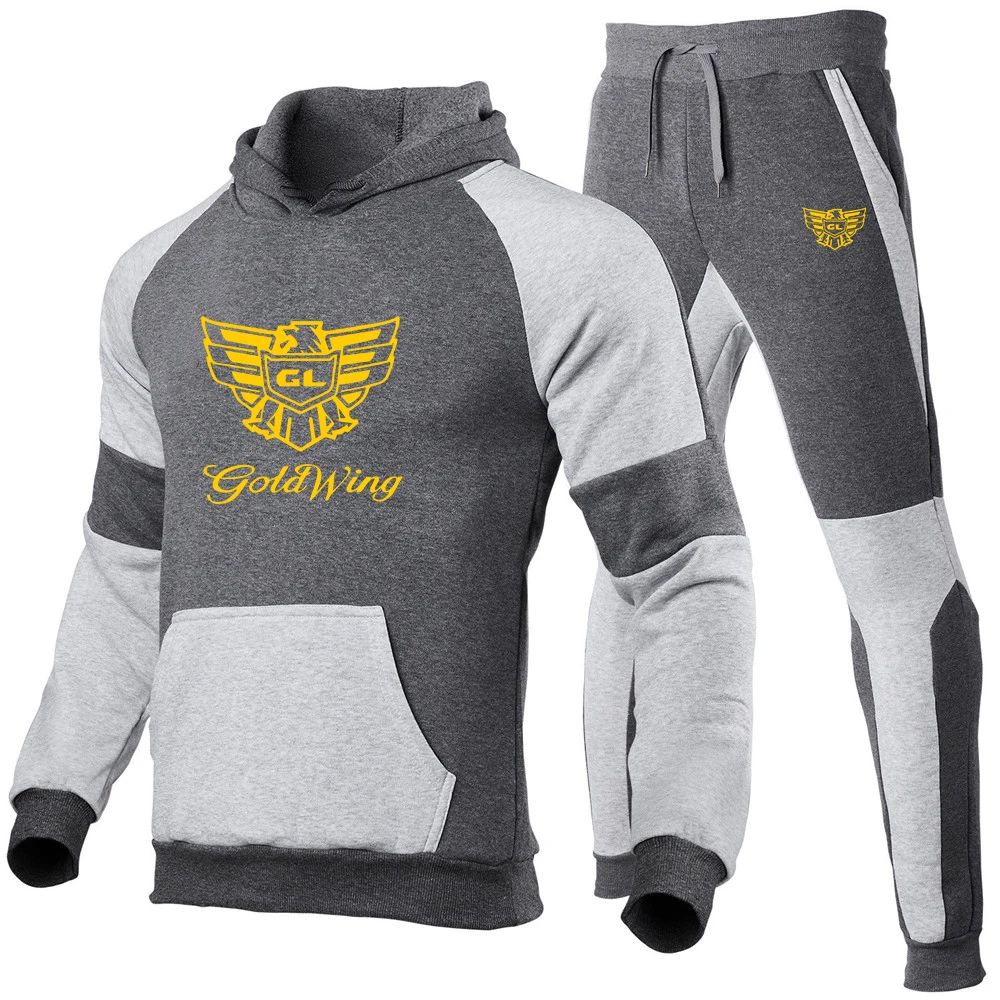 Goldwing GL1500 2023 Bahar Yeni erkek Eşofman Rahat Renk Eşleştirme Hoodie Setleri + Pantolon İki Parçalı Hip Hop Streetwear spor elbise
