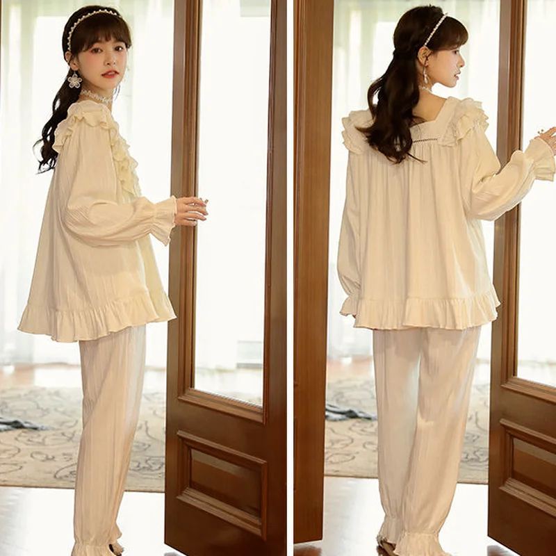 Pijama Setleri Kadın Pijama Yumuşak Katı Sonbahar Salonu Uzun Kollu Moda Kore Tarzı Pamuk Yeni Gelenler Kadın Tatlı Şık