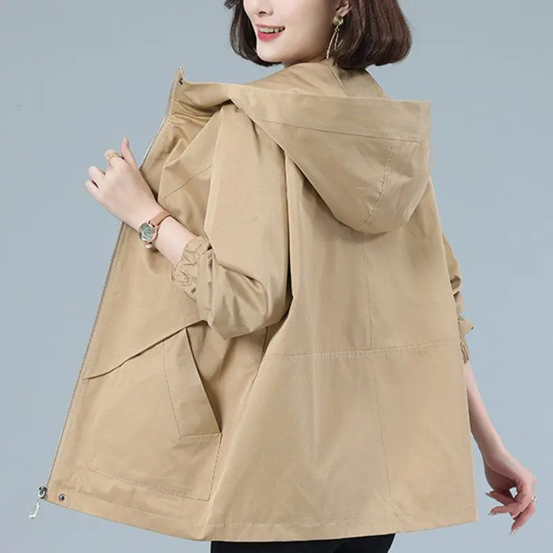 Kadınlar 2023 Yeni Bahar Sonbahar Kore Vintage Katı Kapşonlu Uzun Kollu Ceket Kadın Moda Rahat Fermuar Coats Dış Giyim X103