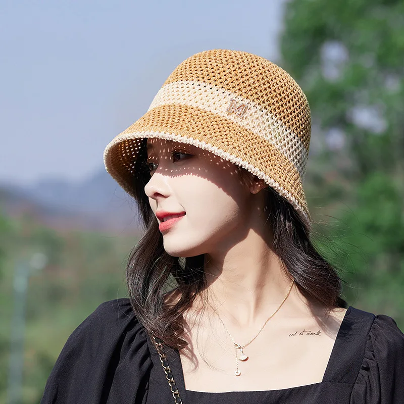 Yeni Yaz Örme Buz İpek Cut-Out Renk Eşleştirme Kova Şapka kadın Açık Mektup Etiket Güneşlik Güneş Koruyucu Küçük Havza Şapka