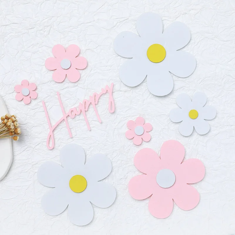 Beyaz Pembe Eva Çiçek Kek Topper Bayrağı Mutlu Doğum Günü Düğün Gelin Cupcake Toppers Pişirme Parti Bebek Duş Kek Dekorasyon DIY