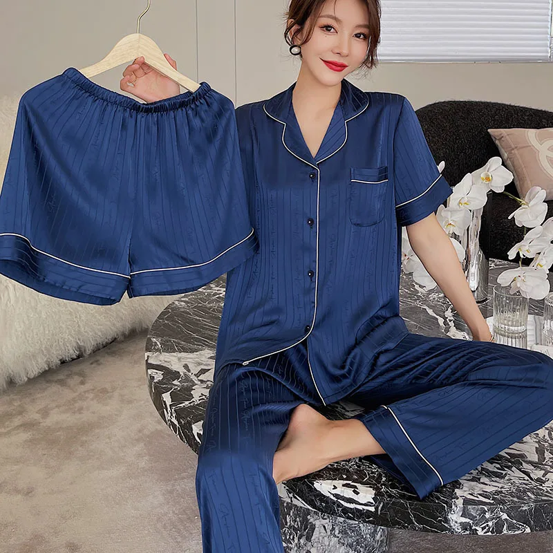 Çift Lacivert Saten Pijama Takımı 3 parça Pijama Kısa Kollu Rahat Gecelik Yaz Pijama