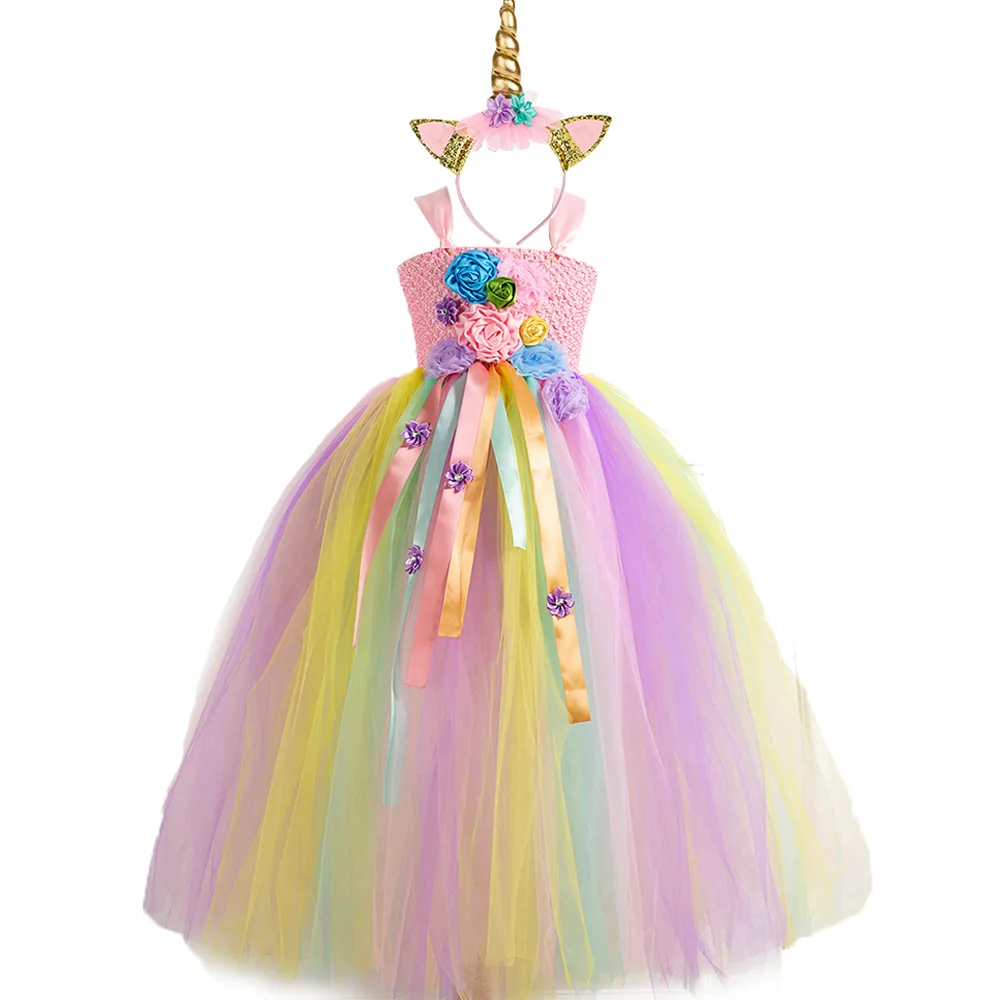 Kızlar Pastel Unicorn Çiçek Tutu Elbise Çocuklar Tığ Tül kemerli elbise Balo Papatya Kurdele ile Çocuk Mermaid Kostüm Elbise