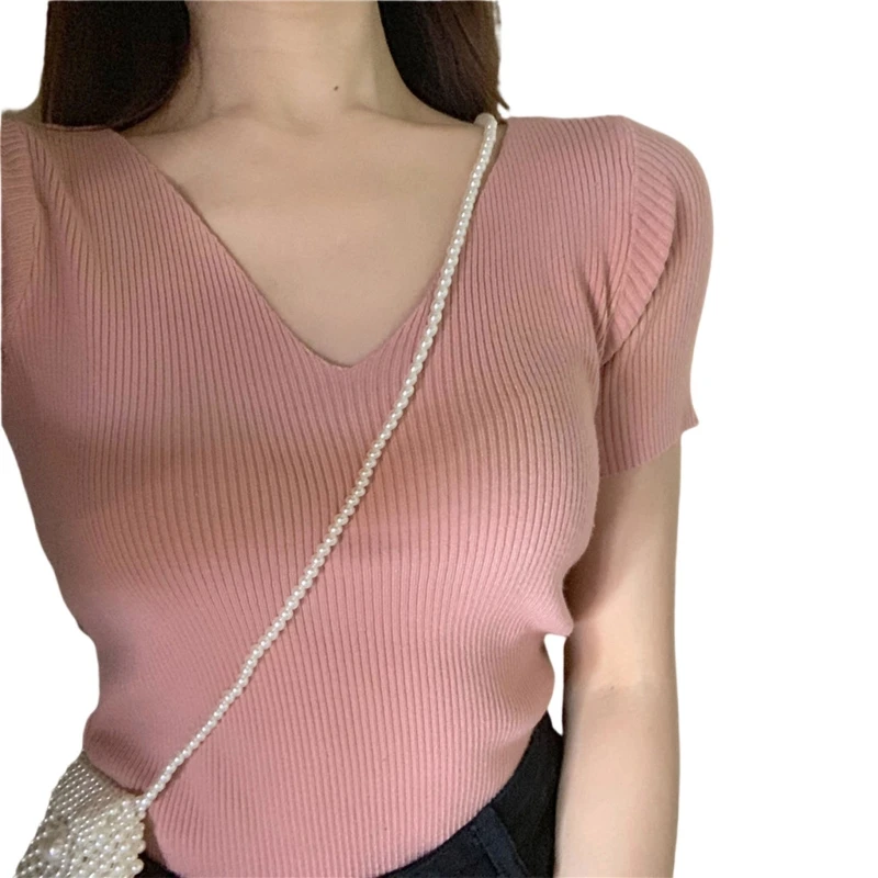 Kadın Nervürlü örgü Kırpma üst seksi V yaka kısa kollu düz renk ince T-Shirt Tee