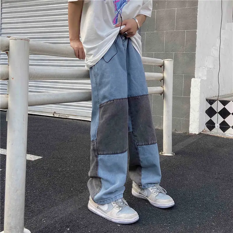 Kot Kadın Orta Bel Patchwork Tasarım Çift Gevşek S-3XL Düz Tam Boy Kot Pantolon Serin Hiphop Streetwear Tüm Maç