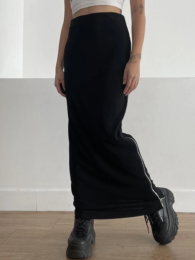 IAMSURE Koyu Katı Fermuar Bölünmüş Etek Casual Gotik Yüksek Belli Düz Etekler Kadınlar 2023 Yaz Moda Bayanlar Streetwear