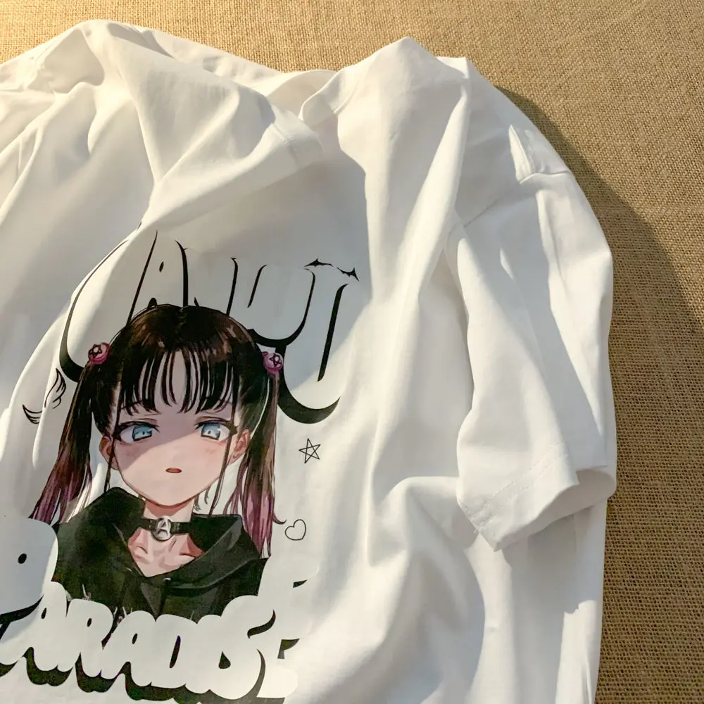 Anime Y2K kawaii büyük boy sevimli Casual Tops Yaz Moda Punk taban o-boyun Kısa Kollu Unisex Streetwear tshirt Kadın Vahşi üst