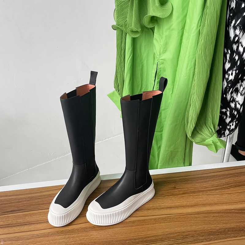 Hakiki Deri Platformu Kadın Uzun Çizmeler Rahat Slip-on Yüksek Çizmeler Kalın Taban Karışık Renk Botas Mujer Tasarımcı bayan Ayakkabıları