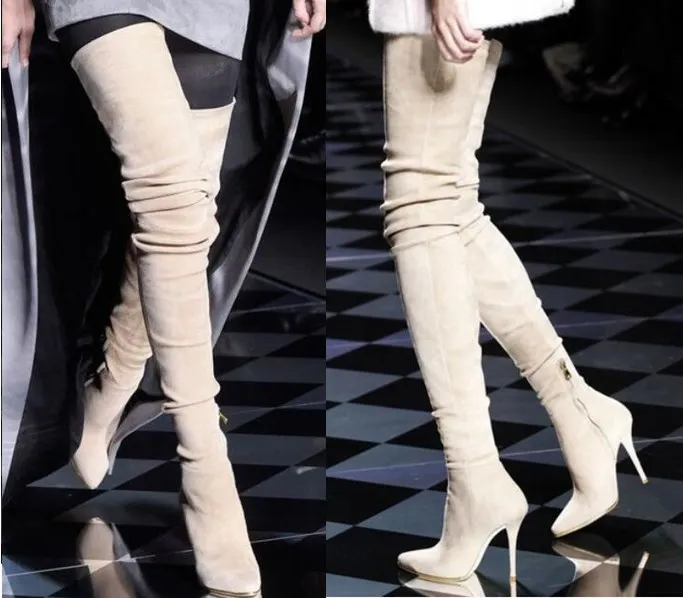 Chaussure Femme 2019 kadın Kış yüksek topuklu ayakkabı Sivri Burun Overknee Kasık Patik Streç Süet Stiletto Uyluk Yüksek Çizmeler
