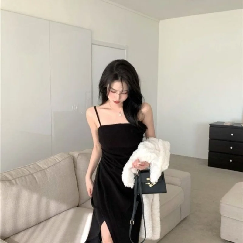Yan Bölünmüş Elbise Kadınlar Seksi Kolsuz Katı Siyah Ayak Bileği Uzunlukta Parti Elbise İnce Spagetti kemerli elbise Bodycon Robe Femme X186