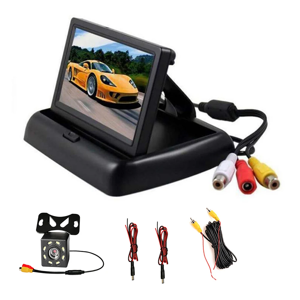 Katlanabilir Araba park monitörü 4.3 İnç TFT LCD Ekran HD Araba Ekran Monitör 2 kanallı Video Girişi Gece Görüş 8 LED Kamera
