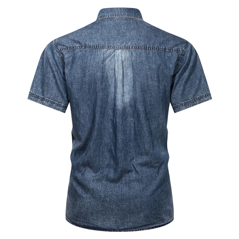 Denim Gömlek Kısa Erkekler Açık Mavi erkek Kollu İnce Pamuklu İnce Elastik Kot Denim Gömlek Erkekler Yaz Yüksek Kaliteli Cepler Gömlek