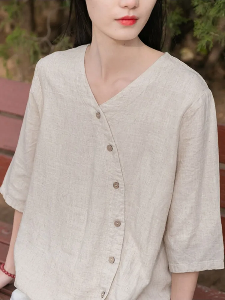 Johnature Kadın Gömlek V Yaka Keten Gevşek Üst Vintage Katı Renk Kısa Kollu Gömlek 2023 Yaz Yeni Eğlence Bluzlar
