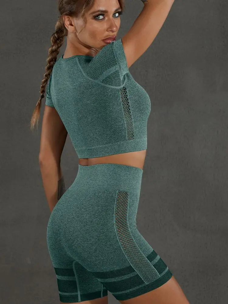 Kadın Ince Seksi yoga kıyafeti Kısa Kollu Şort spor elbise Yüksek Bel Kalça Push Up Tayt Güç Streç Spor Takım Elbise Koşu Seti