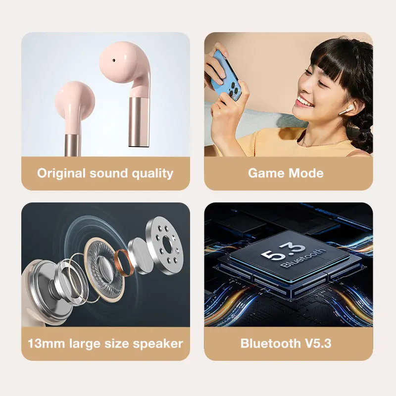 Fineblue Hello Bluetooth Kulaklık 5.3 TWS kablosuz kulaklıklar ile led ışık efekti Stereo Kulaklık Dokunmatik Kontrol Kulakiçi