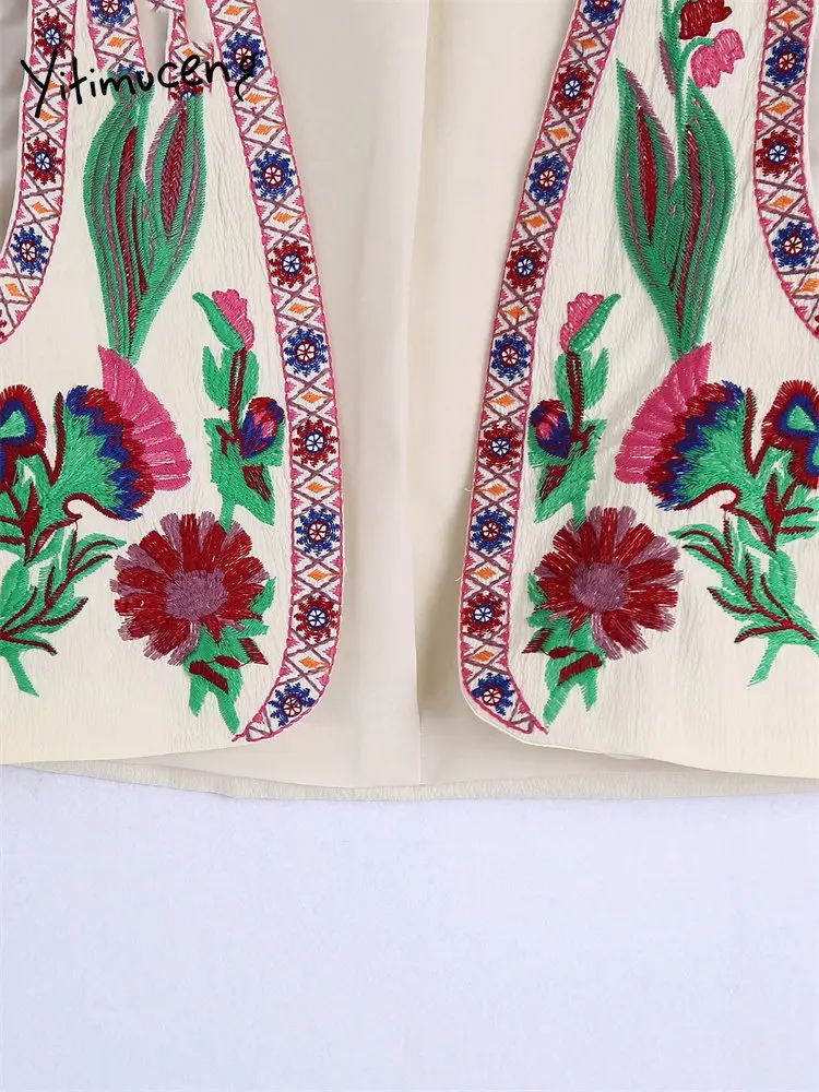 Yitimuceng Vintage Mahsul Yelek Ceket Kadınlar için 2023 Yeni Nakış Çiçek Kolsuz Patchwork Şık Yelekler Bayanlar Rahat Yelek Ceket