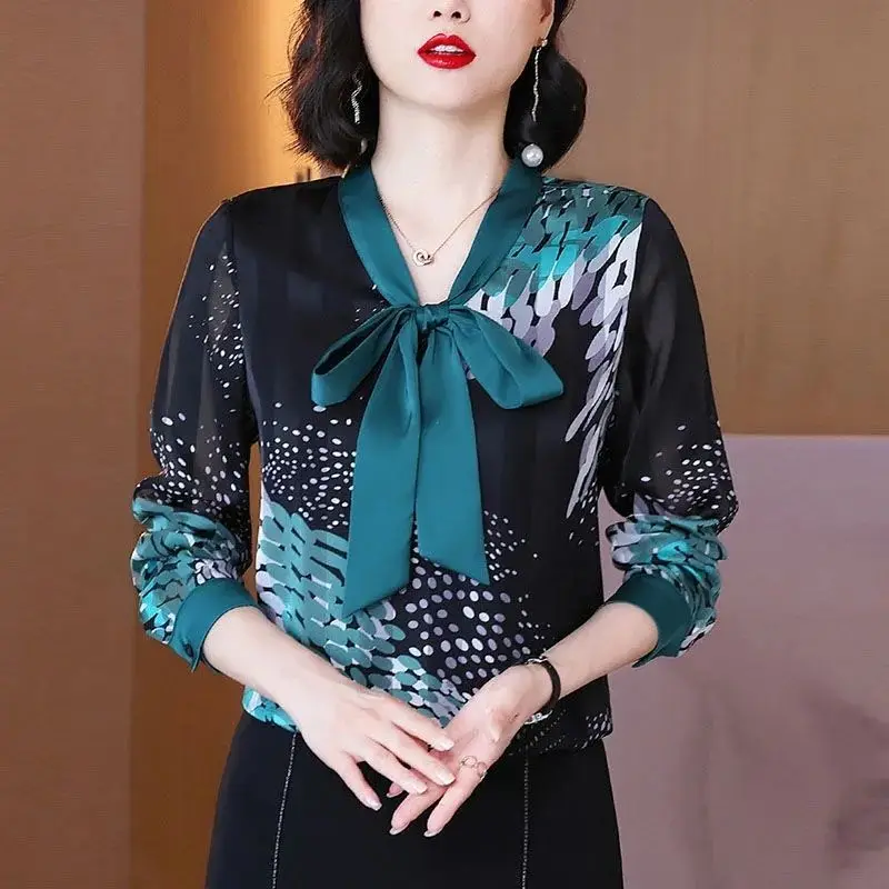 Zarif Şık Yay Dantel Up Ofis Bayan Şifon Gömlek Kore Moda Baskı V Boyun Uzun Kollu Gevşek Bluzlar Tops kadın kıyafetleri