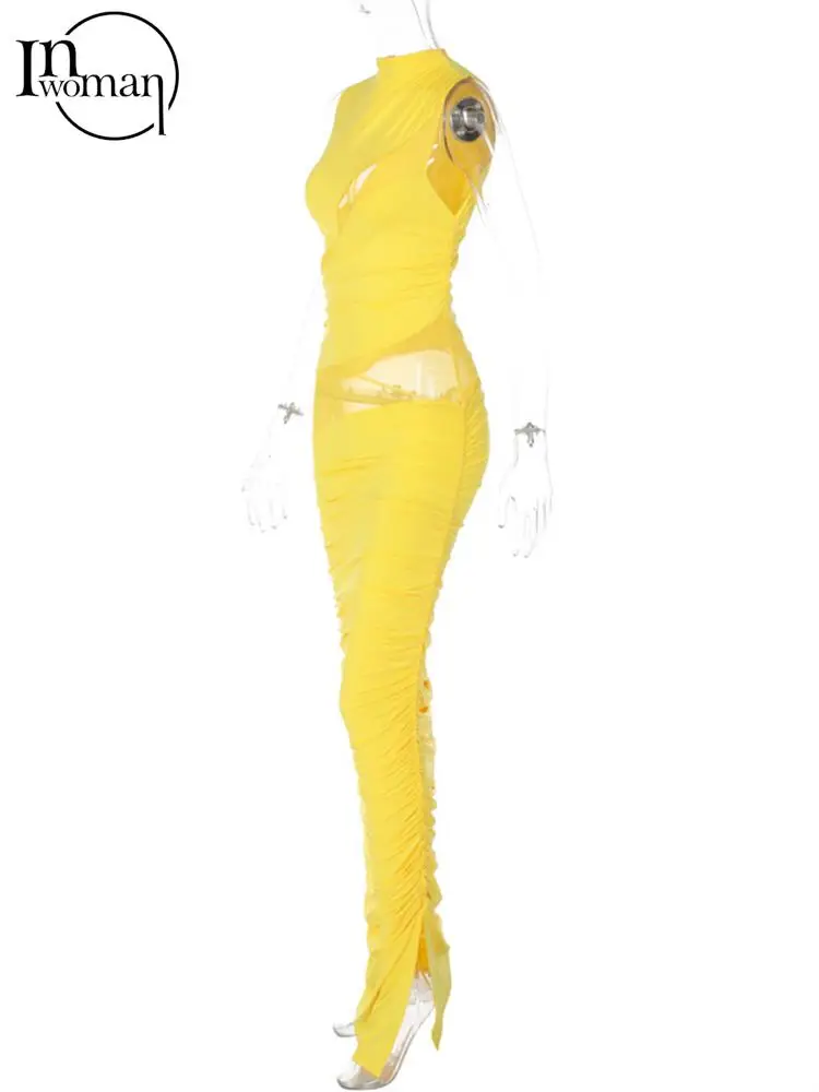 Inwoman Yaz Seksi Katı Moda uzun elbiseler Kadınlar İçin 2023 Kolsuz Hollow Out Patchwork Bodycon Dantelli Maxi Elbiseler Kadın