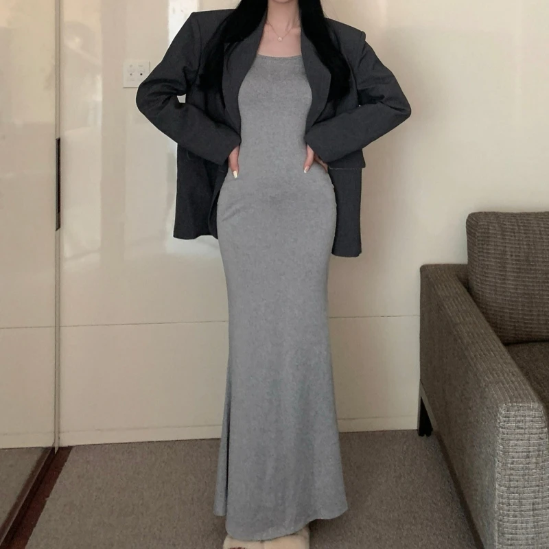 Seksi Katı Fishtail Elbise 2023 Kadın Moda İnce U Yaka Uzun Kollu İnce Vestidos Bahar Yeni Zarif Temel Kadın İnce Elbiseler