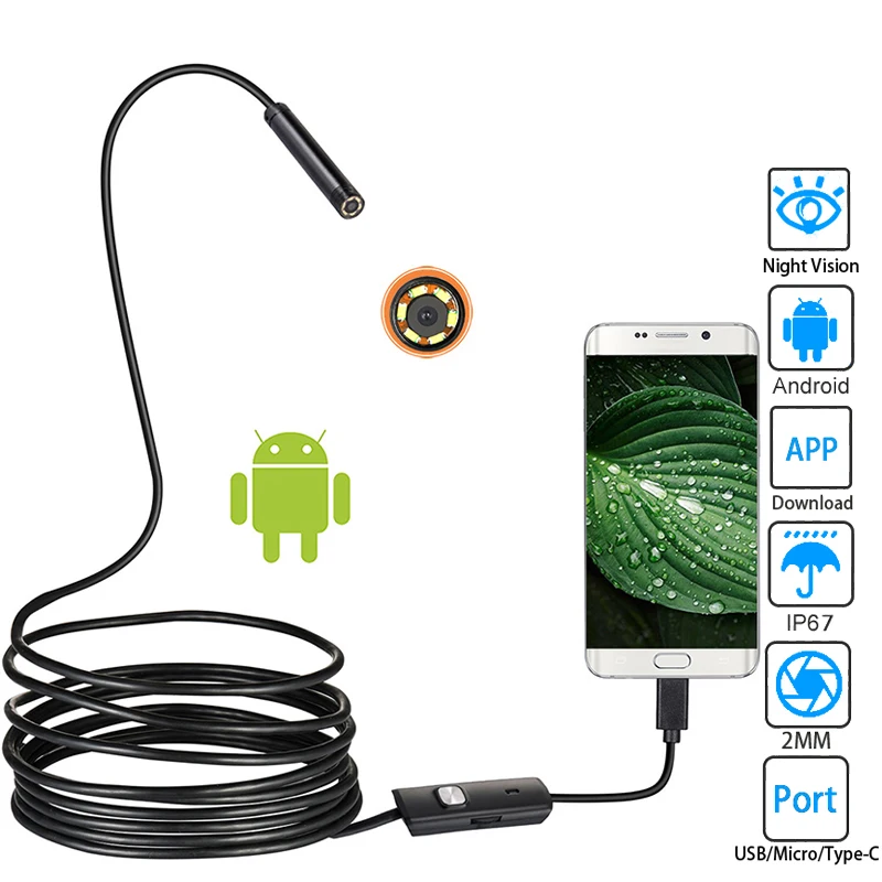 5.5 MM IP67 Su Geçirmez Endoskop Kamera 6 LEDs Ayarlanabilir mikro usb Android Esnek Muayene Borescope Kameralar Telefon PC için
