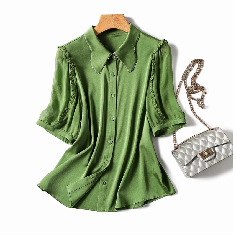 Kısa Kollu Katı Saten Blosue Kadınlar Düğme Aşağı Rahat İpek Kadın Gömlek Yaz Giyim 2023 Gevşek Yeşil Bluz Blusas 26857