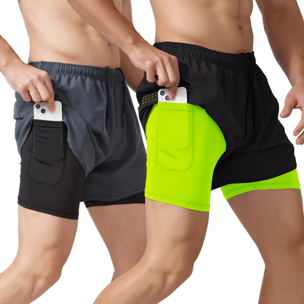 Çift Katmanlar Erkekler Açık Spor Şort telefon cebi Hızlı Kuru Koşu fitness şortu Nefes Eğitim Tenis Pantolon