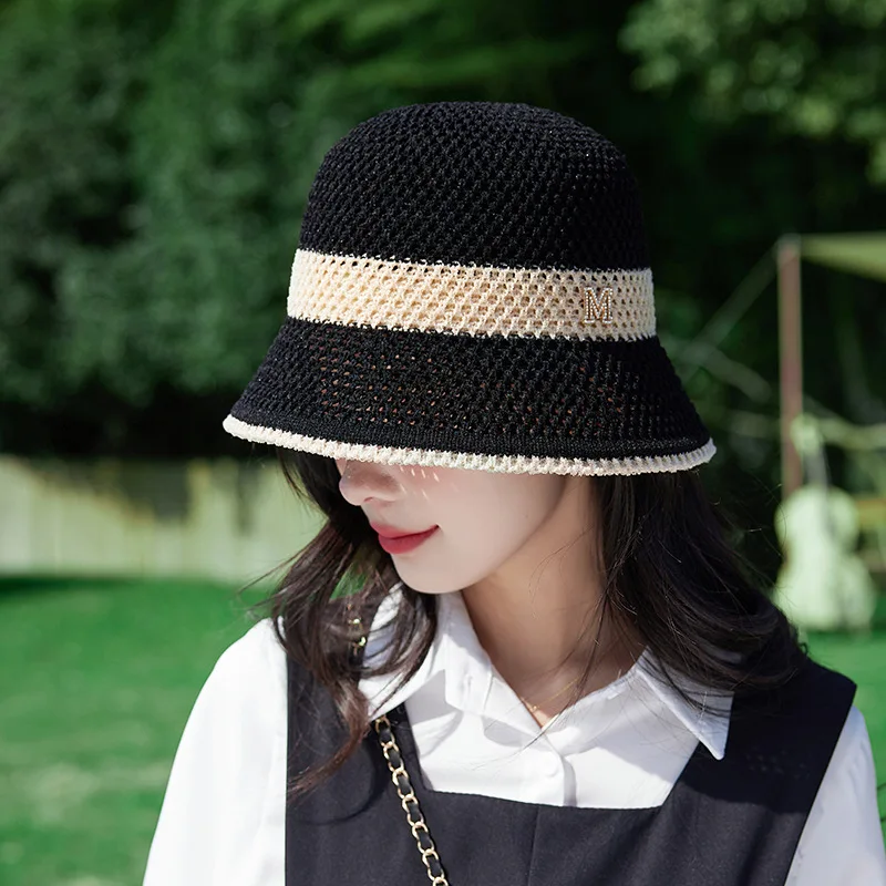 Yeni Yaz Örme Buz İpek Cut-Out Renk Eşleştirme Kova Şapka kadın Açık Mektup Etiket Güneşlik Güneş Koruyucu Küçük Havza Şapka