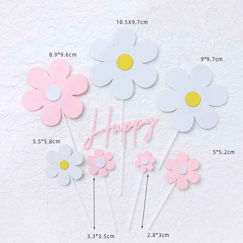 Beyaz Pembe Eva Çiçek Kek Topper Bayrağı Mutlu Doğum Günü Düğün Gelin Cupcake Toppers Pişirme Parti Bebek Duş Kek Dekorasyon DIY