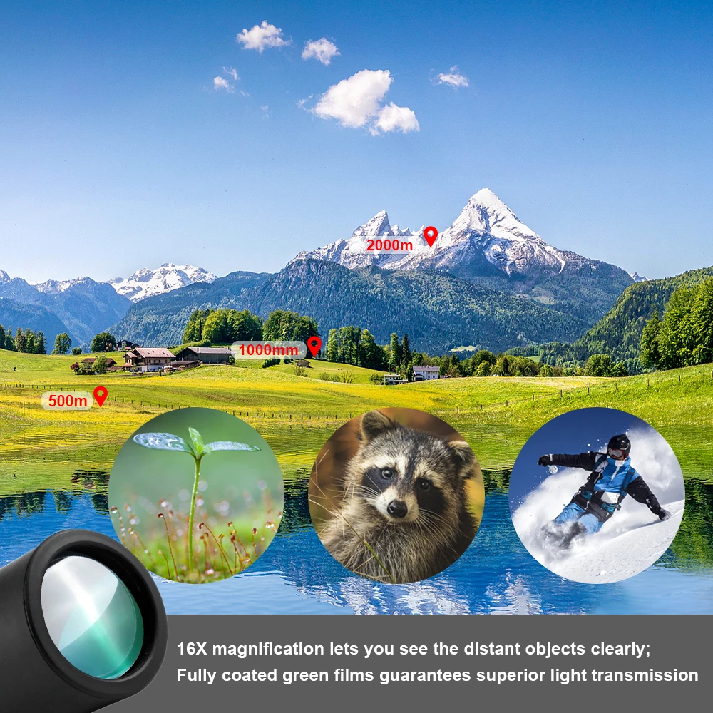 16X52 HD Monoküler Açık Avcılık Spotting El Çift Odak Monoküler Teleskop Turizm Yaban Hayatı Gezi Konserler