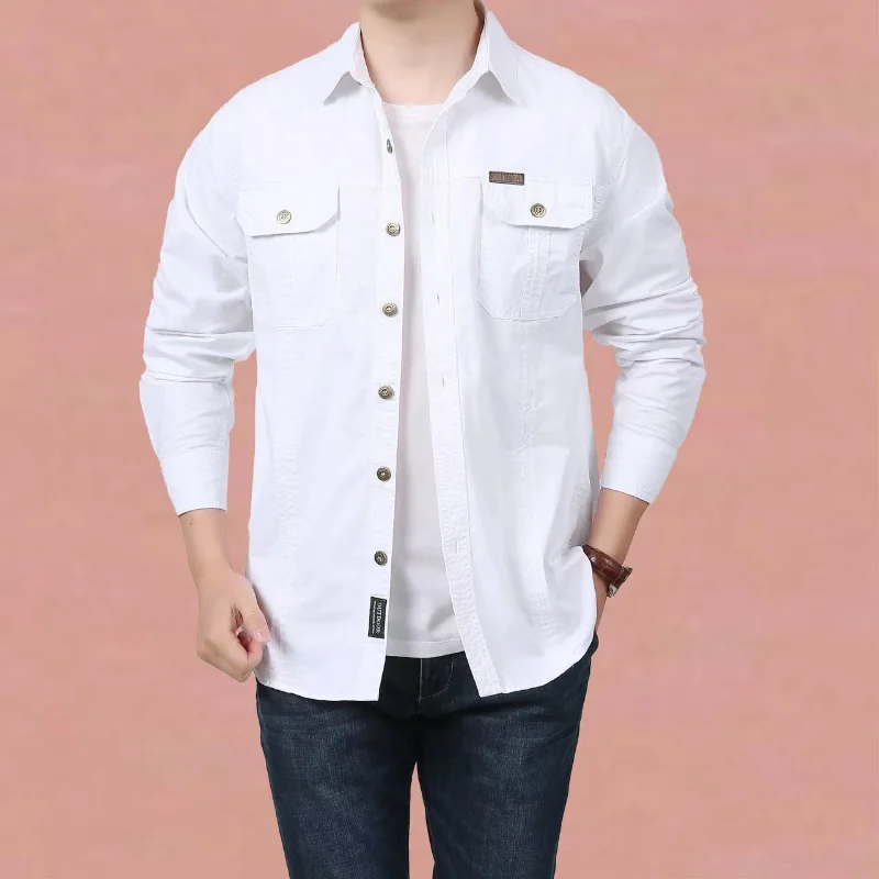 Ilkbahar Sonbahar erkek Pamuklu uzun kollu tişört Gevşek Rahat Takım Çok cepler Gömlek Erkek İnce Askeri Taktik Gömlek Üst