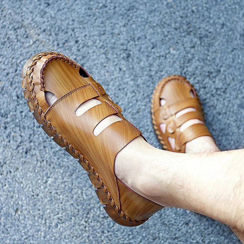 2023 Açık Sandalet Erkekler İçin El Dikişli Rahat Oxford Ayakkabı Yumuşak Deri Eğlence Ayakkabı Üzerinde Kayma Büyük Boy US12