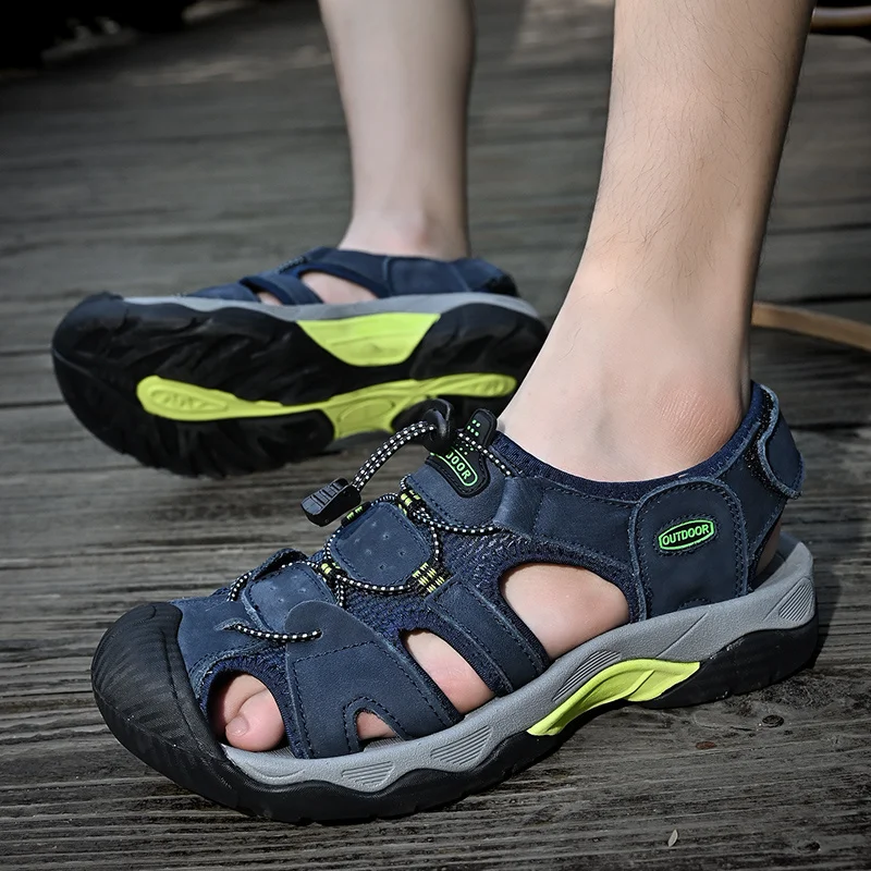 Klasik Yeşil erkek Sandalet Yaz 2023 Düz El Yapımı erkek Hakiki Deri Sandalet Boyutu 48 Açık plaj sandaletleri Erkek Spor Ayakkabı