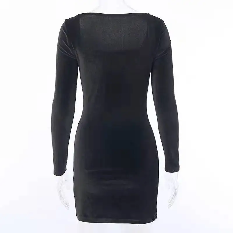 2023 Yaz Seksi Kadın Elbise Kadife Bölünmüş Parti Clubwear Uzun Kollu İnce Kadın Elbiseler Sıcak Siyah Bodycon Katı Mini Vestidos